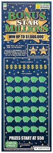 BONUS STAR MILLIONS scratch-off ticket
