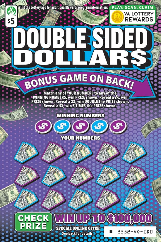 DOUBLE SIDED DOLLARS scratch-off ticket