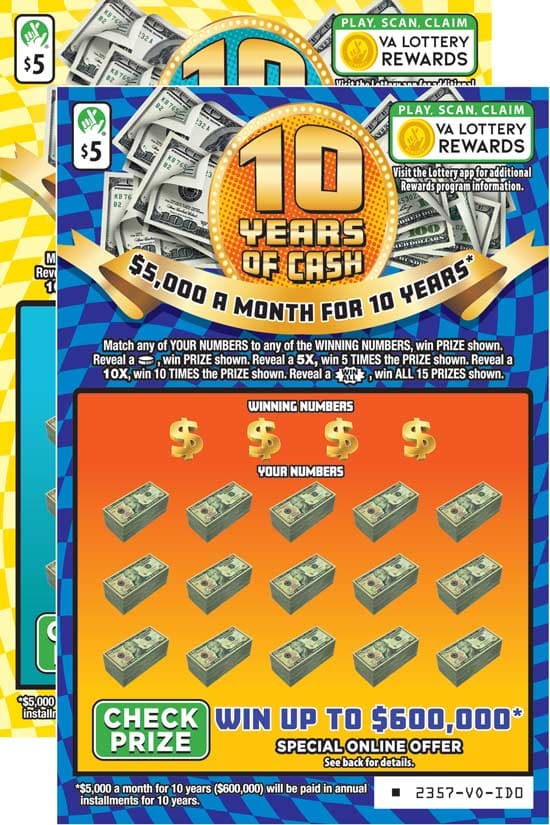 10 YEARS OF CASH scratch-off ticket