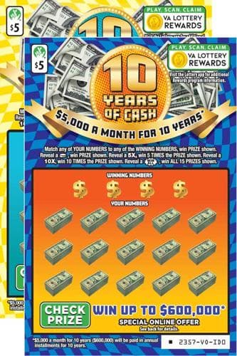 10 YEARS OF CASH scratch-off ticket