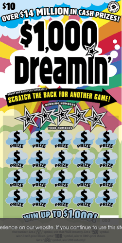 $1,000 DREAMIN' scratch-off ticket