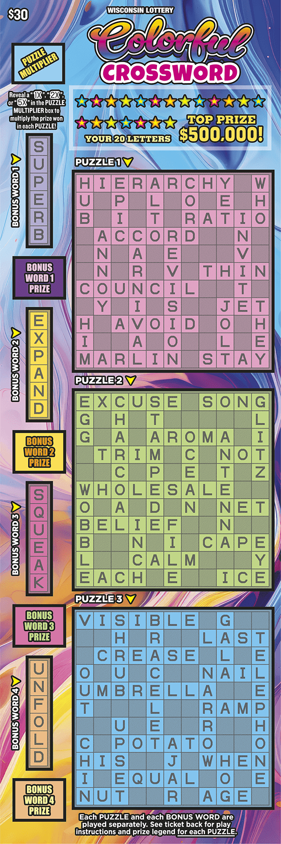 COLORFUL CROSSWORD scratch-off ticket