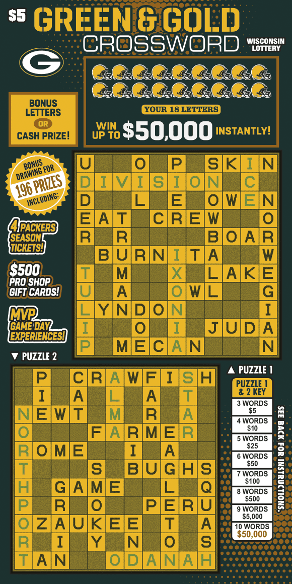 GREEN & GOLD CROSSWORD scratch-off ticket