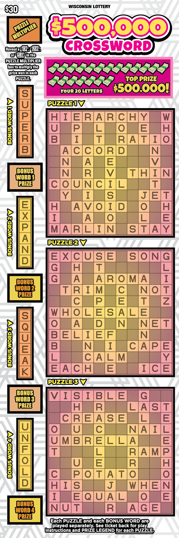 $500,000 CROSSWORD scratch-off ticket