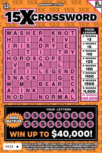 15X Crossword scratch-off ticket